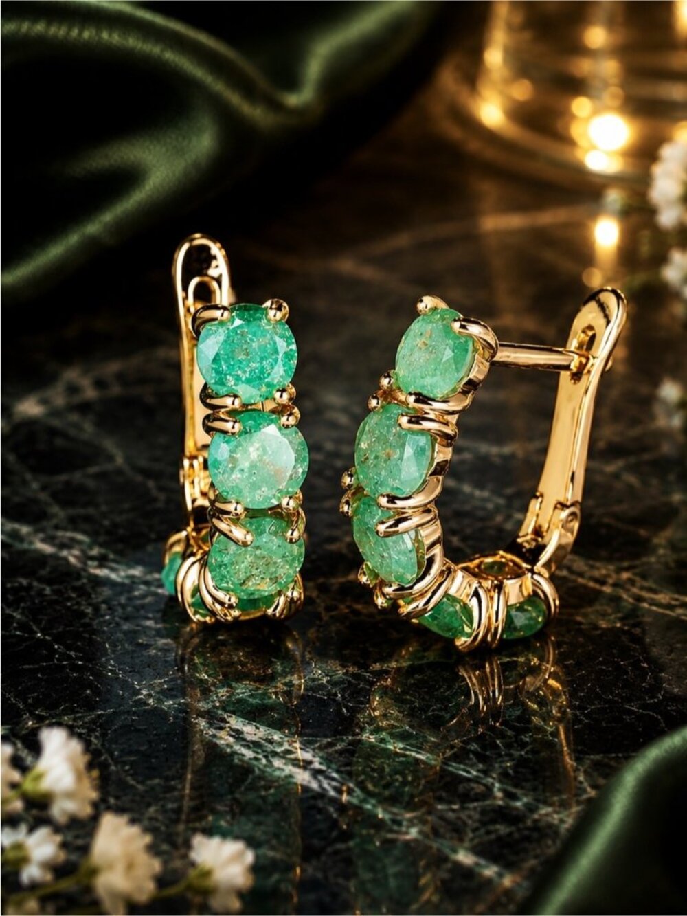 Gold tone Hoops with Emerald Green/ blue Gem Clusters